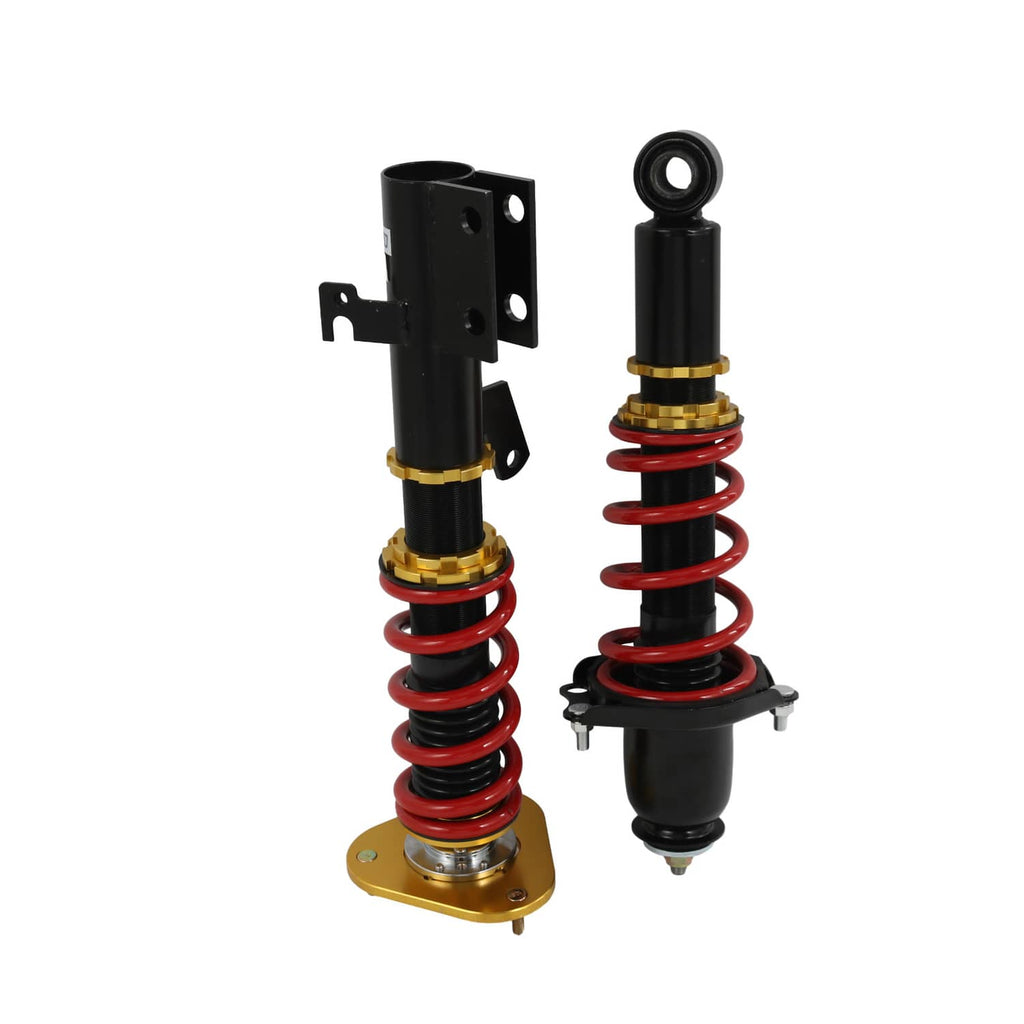 Front pair of adjustable coilover struts with red springs, black shocks, gold bases
