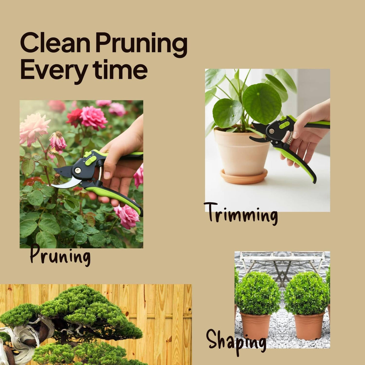 Bypass pruning shears in use for trimming, pruning flowers, and shaping plants