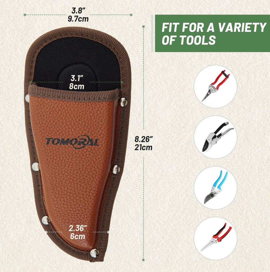Brown pruning tool holster pouch with adjustable strap and snap rivet corners