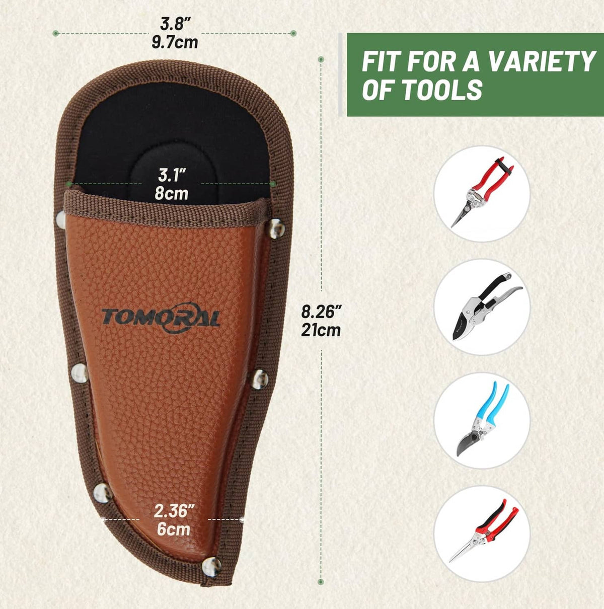 Brown pruning tool holster pouch with adjustable strap and snap rivet corners