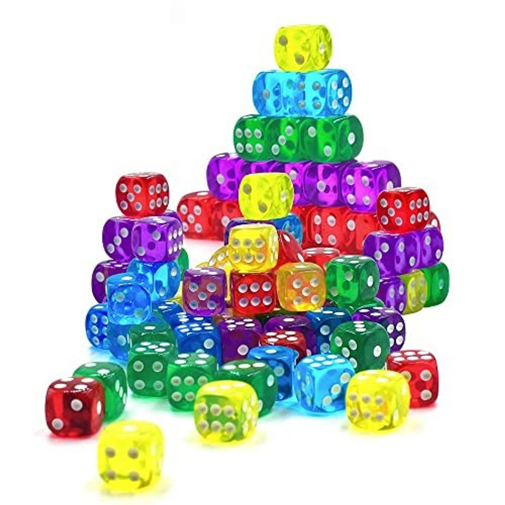Tower of assorted translucent six-sided dice with white pips