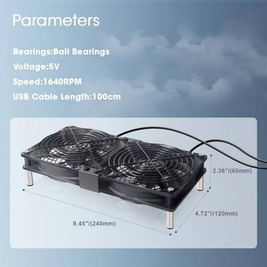 Dual 120mm USB cooling fan with controller cable, two black fans on four feet