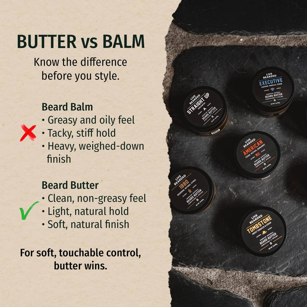 Assorted Live Bearded beard butter mini tins and 'Butter vs Balm' comparison chart