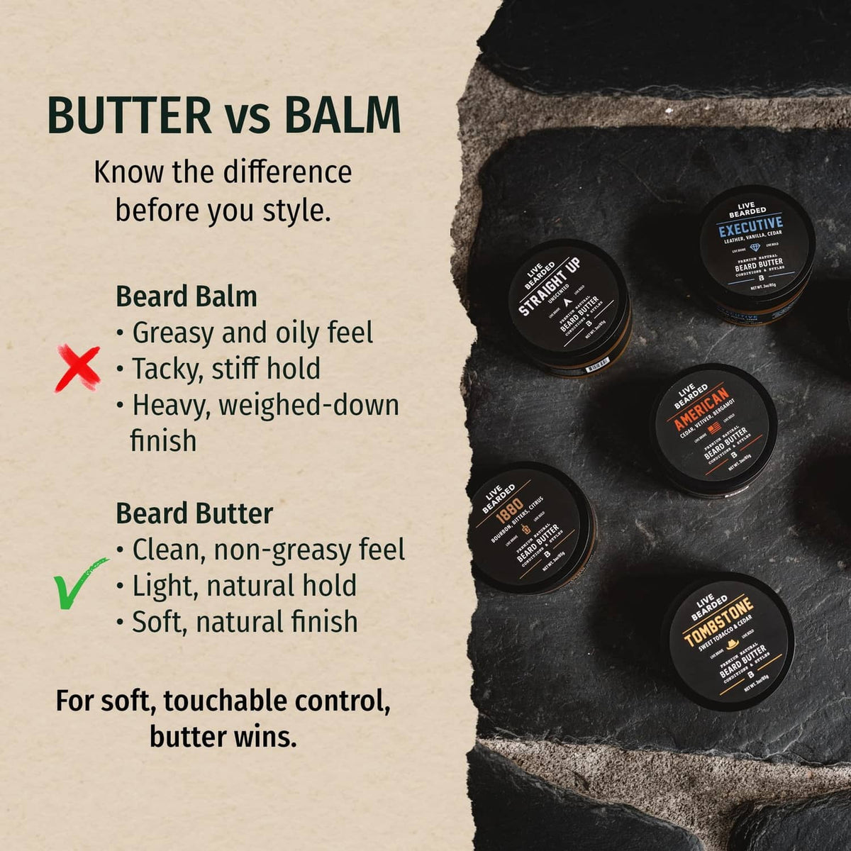 Assorted Live Bearded beard butter mini tins and 'Butter vs Balm' comparison chart