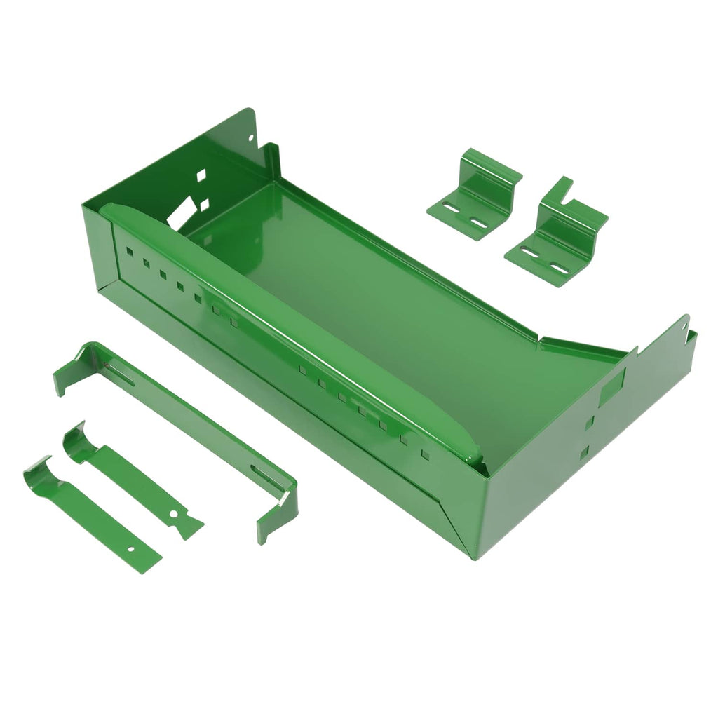 Green battery box shown from inside corner view with included bracket pieces