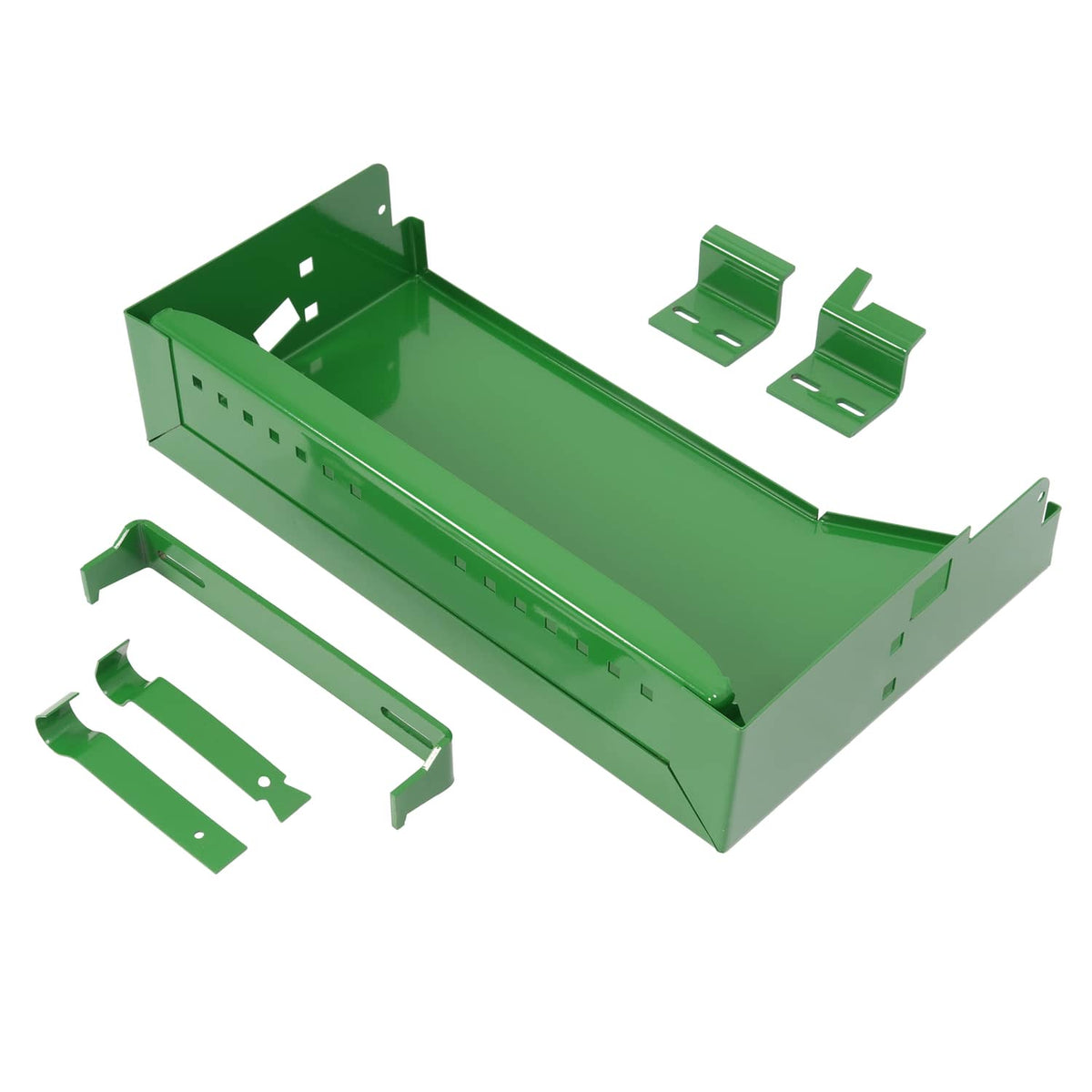 Green battery box shown from inside corner view with included bracket pieces
