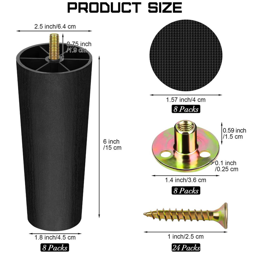 6-inch black plastic furniture legs, 8-pack size diagram with M8 hardware