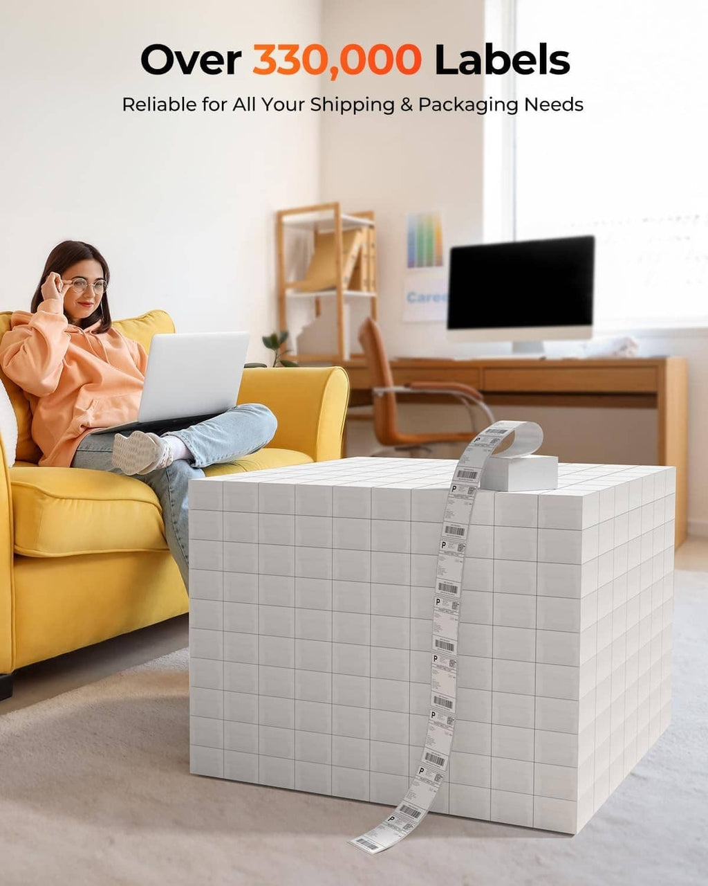 MUNBYN thermal label printer with large shipping label roll and packed shipping boxes
