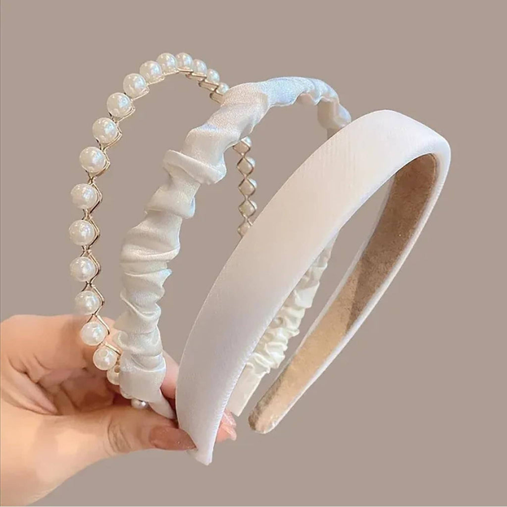 Set of 3 white pearl padded headbands with wide satin ruffle texture