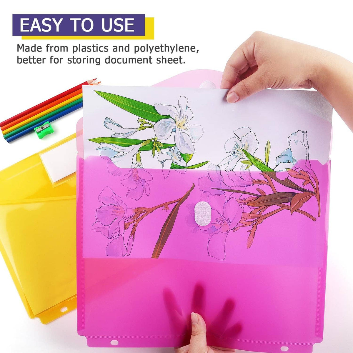 Pink plastic binder pocket folder being filled with papers, showing front label pocket and buttons
