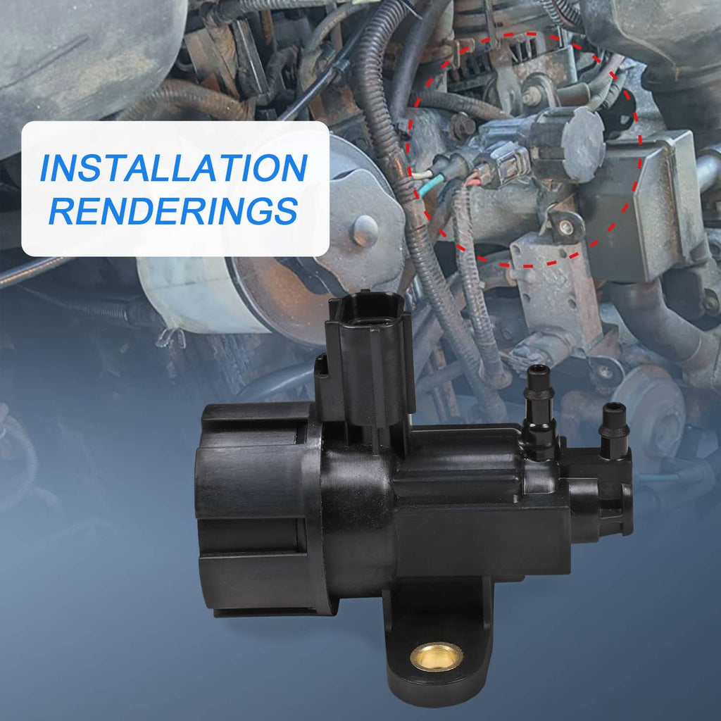 EGR valve control solenoid, black plastic body with gold mounting insert and ports