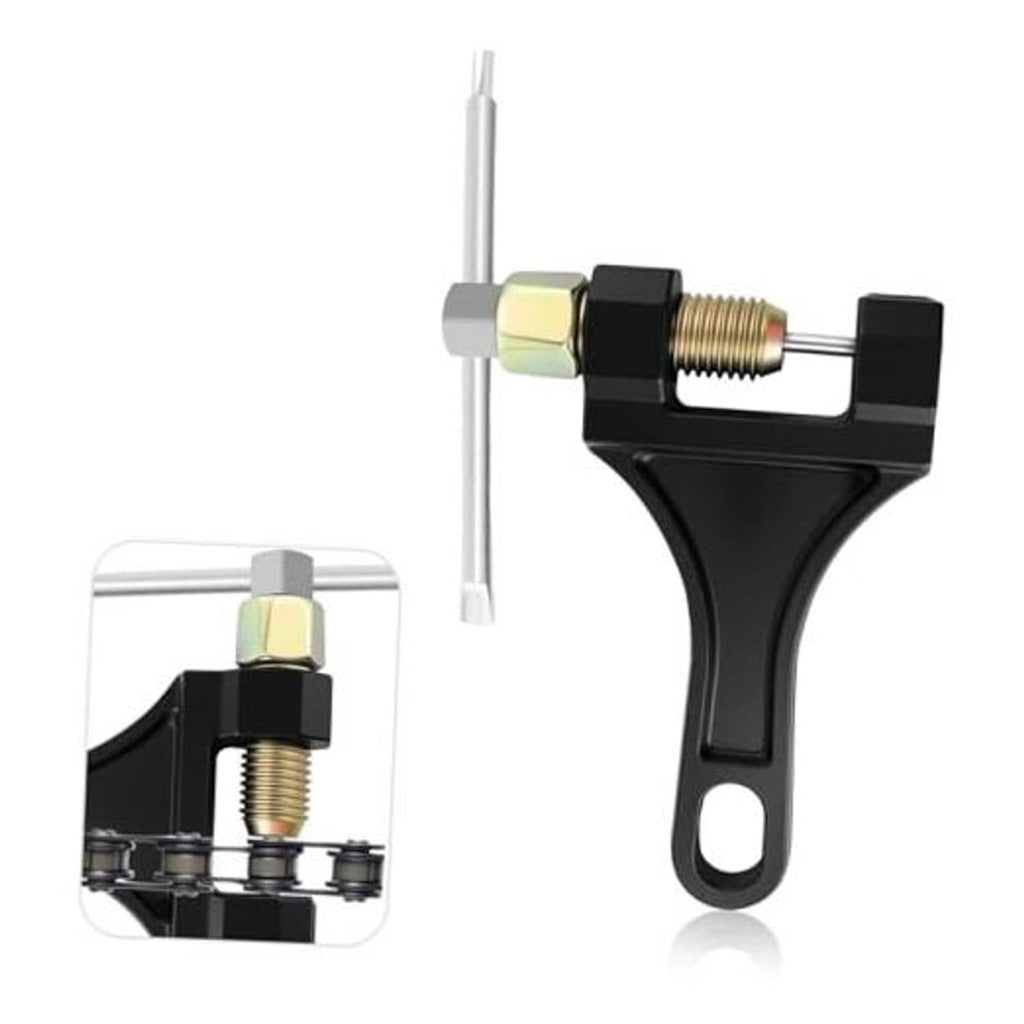 Motorcycle chain breaker tool with black handle and brass screw pin, side view