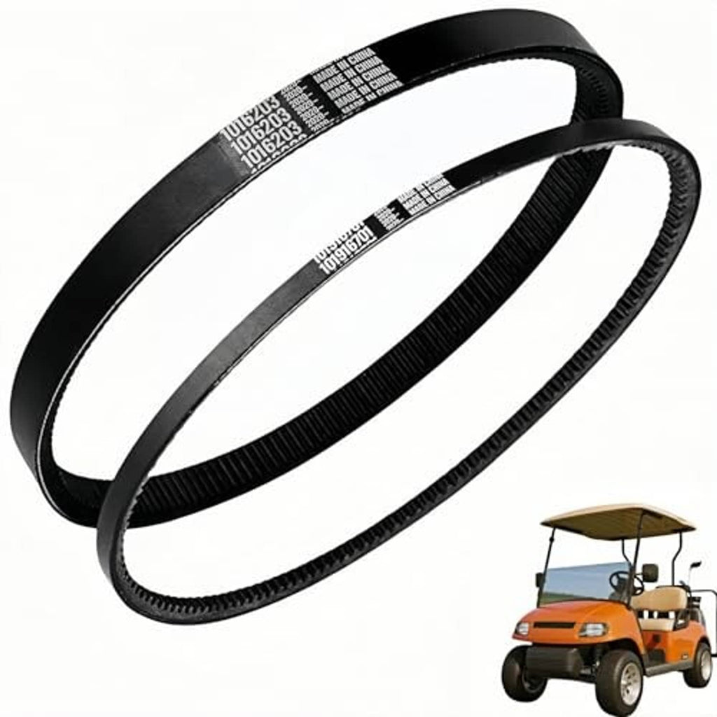 Two black ribbed V-belts with part-number label strips