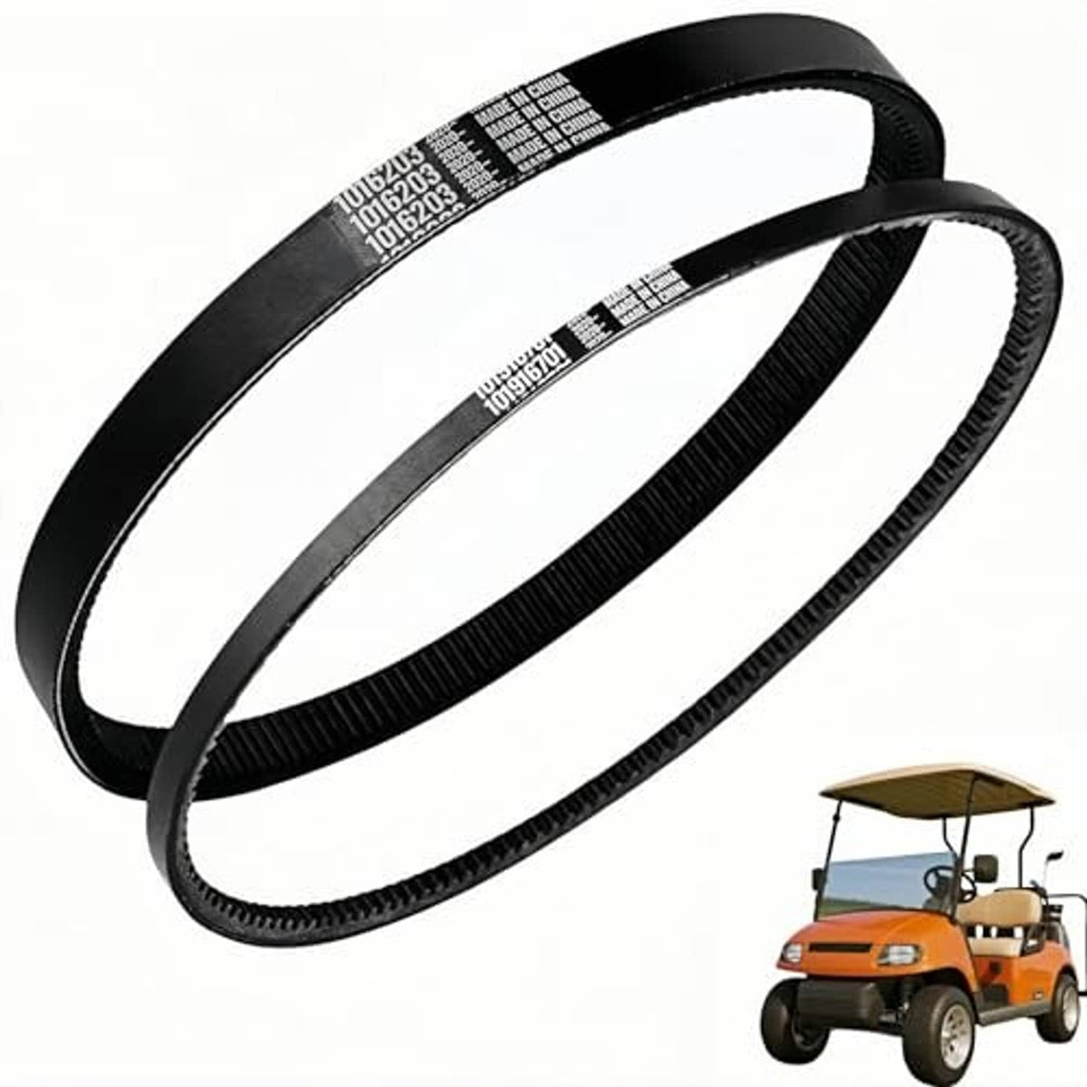 Two black ribbed V-belts with part-number label strips