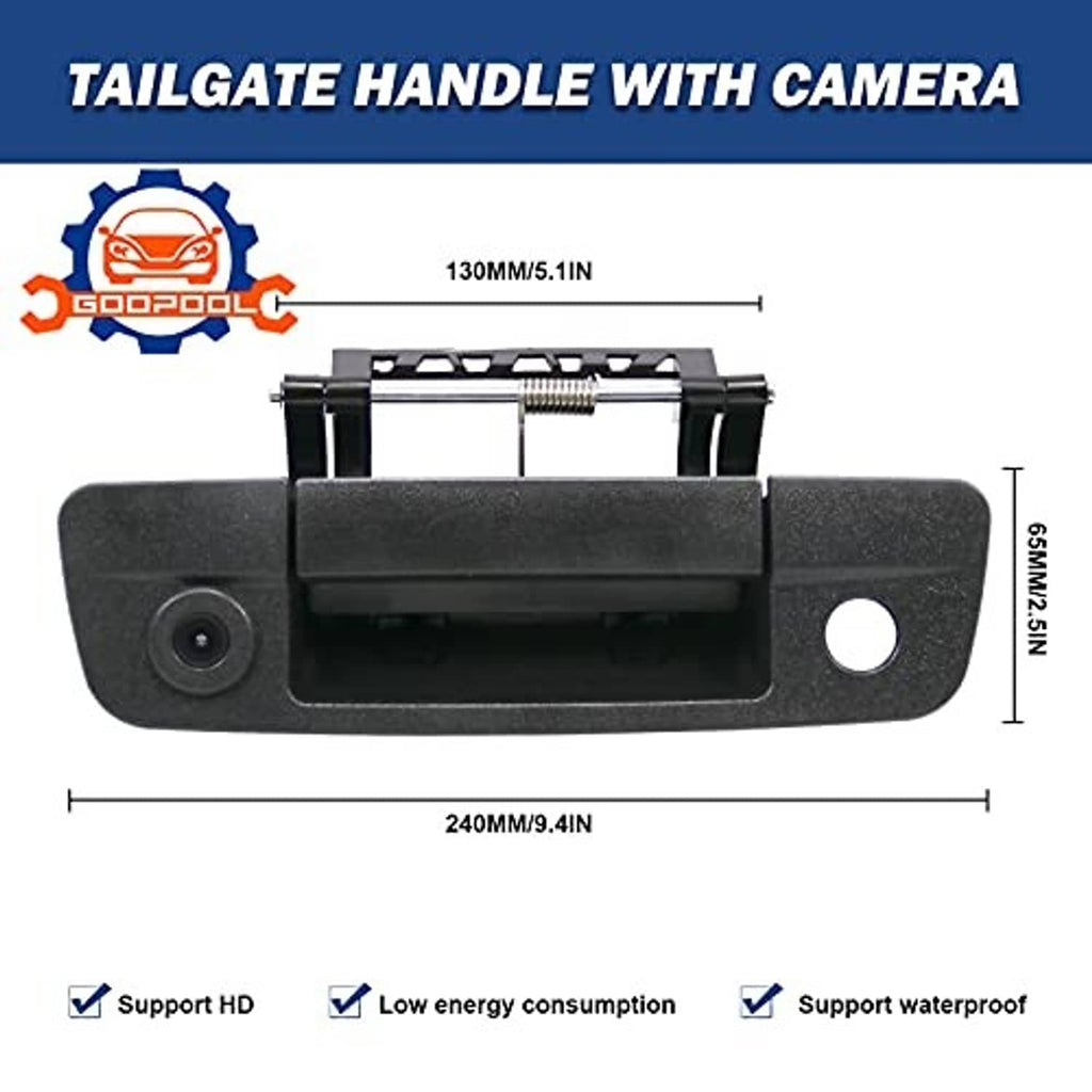 Black tailgate handle camera with integrated lens, mounting cutout, and side hole