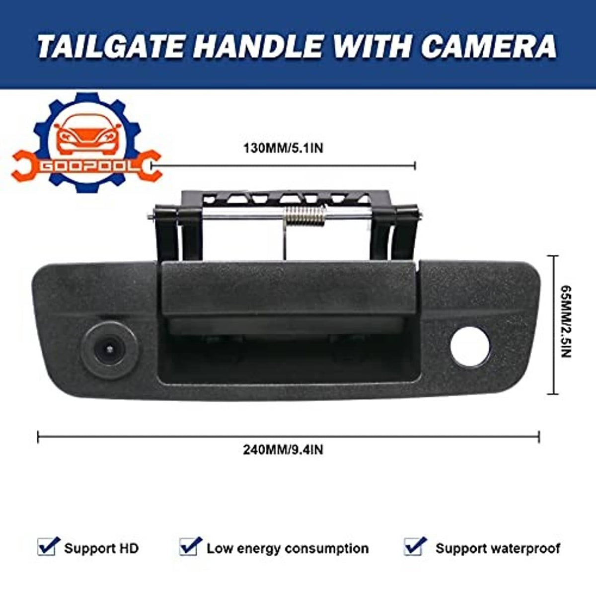 Black tailgate handle camera with integrated lens, mounting cutout, and side hole
