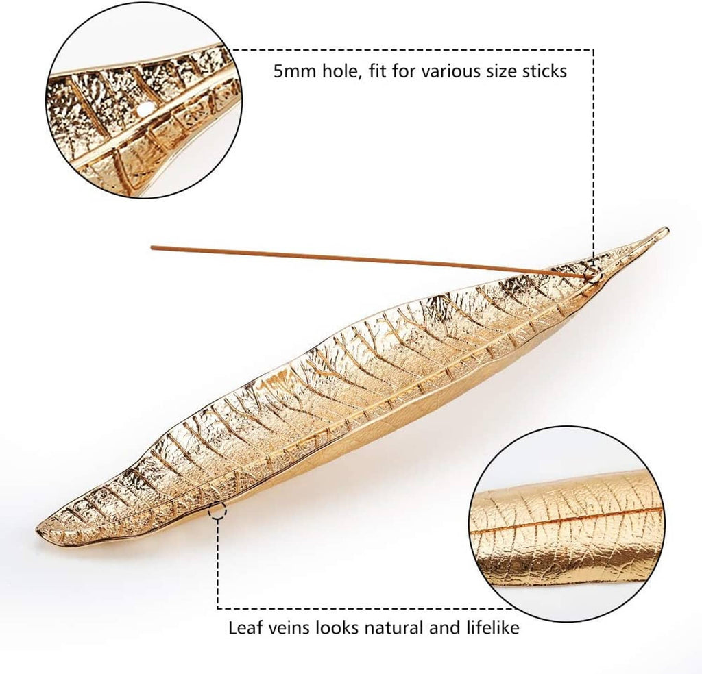 Long leaf incense burner with etched gold leaf design and small centered stick hole