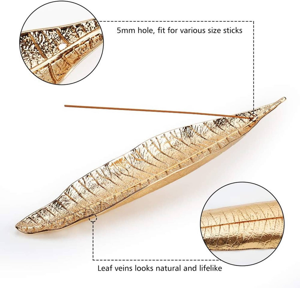 Long leaf incense burner with etched gold leaf design and small centered stick hole