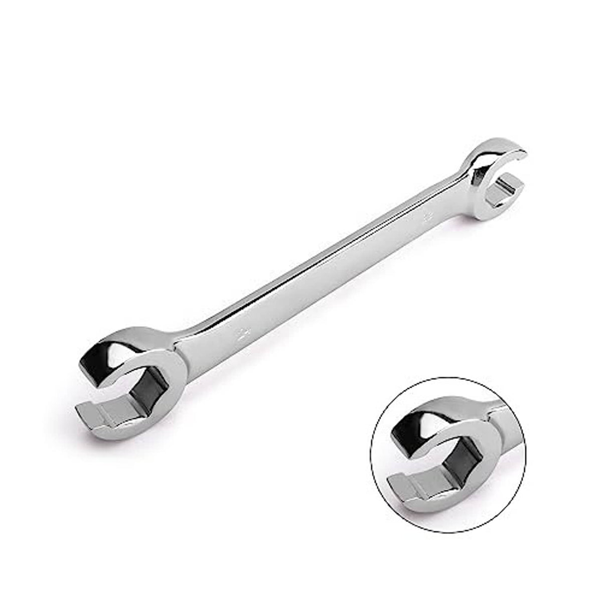 Chrome flare nut wrench, double open ends with inset close-up