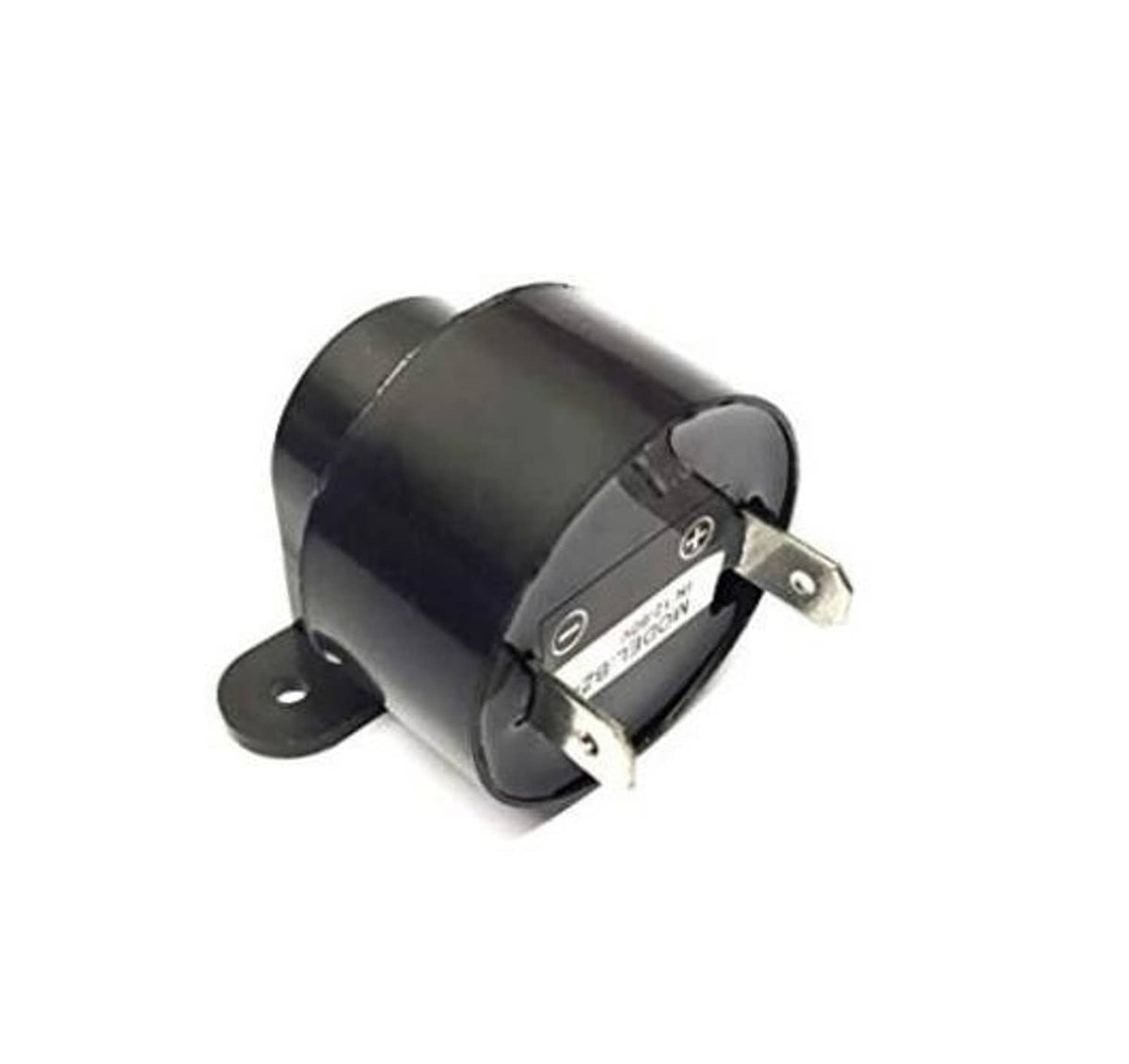 Black cylindrical reverse buzzer with mounting bracket and two spade terminals