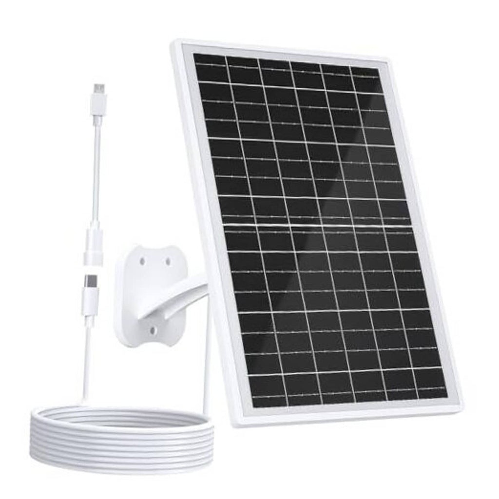 Solar panel charger kit with black grid panel, white wall mount, and cable set