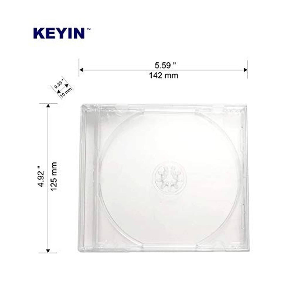 Clear CD jewel case front view with circular hub and hinged lid, no disc inserted.