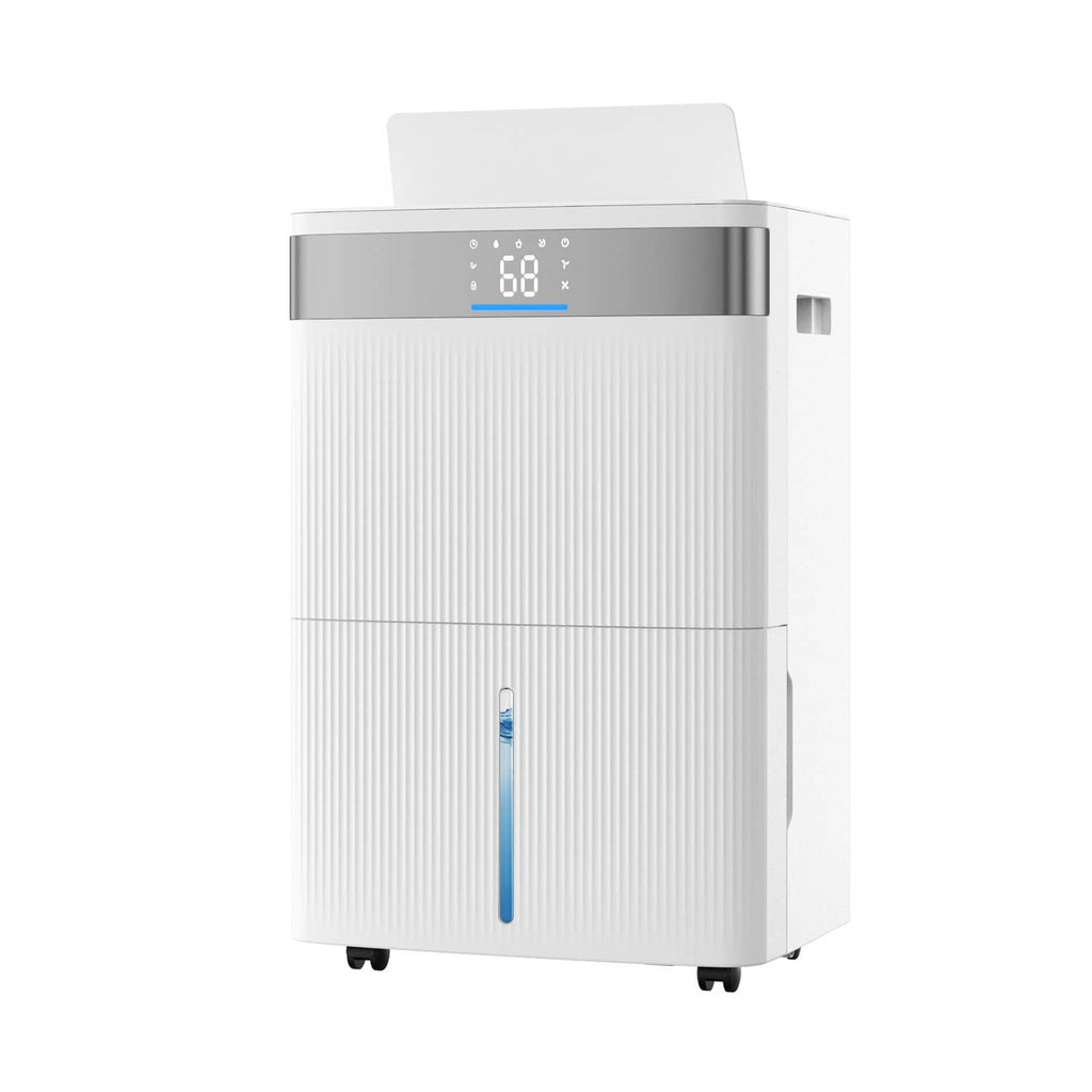 White dehumidifier front view with top control panel and blue LED readout