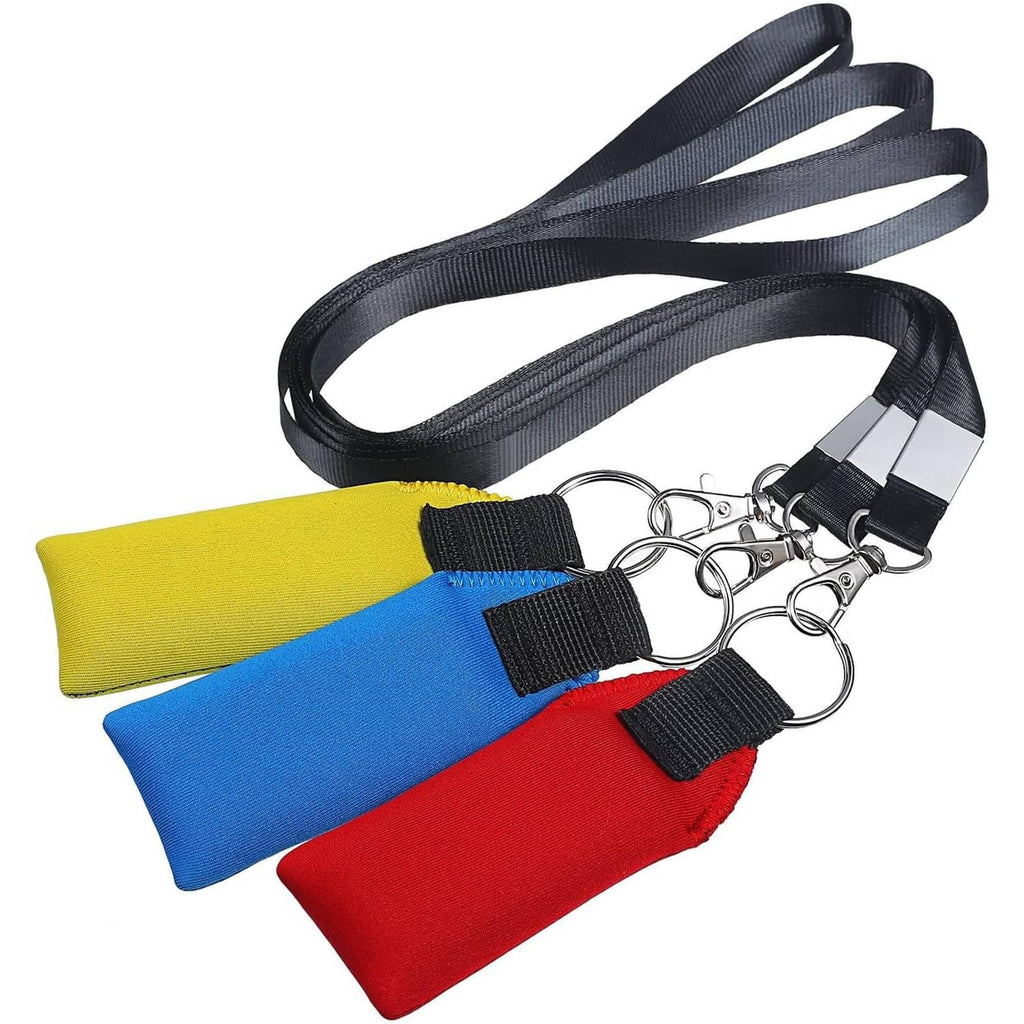 Three neoprene keychain pouches with black lanyard straps and metal rings in blue yellow red