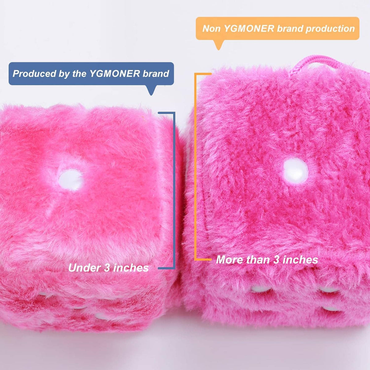 Pink plush dice close-up with white pips; two size options and pink hanging loop strings