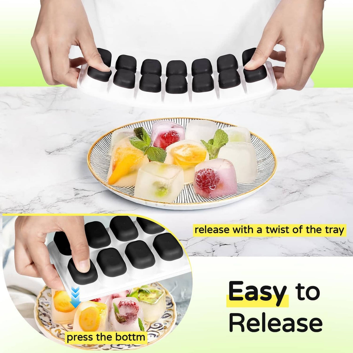 Ice cube tray holding black molds being twisted for easy cube release
