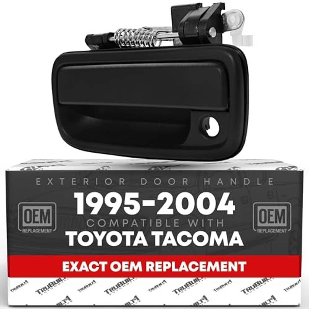 Black exterior driver door handle, plastic replacement with latch opening
