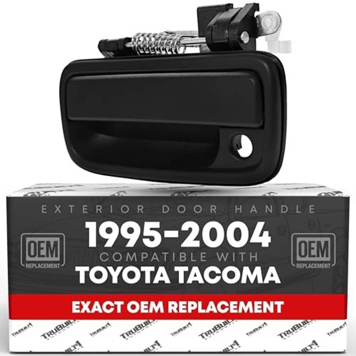 Black exterior driver door handle, plastic replacement with latch opening