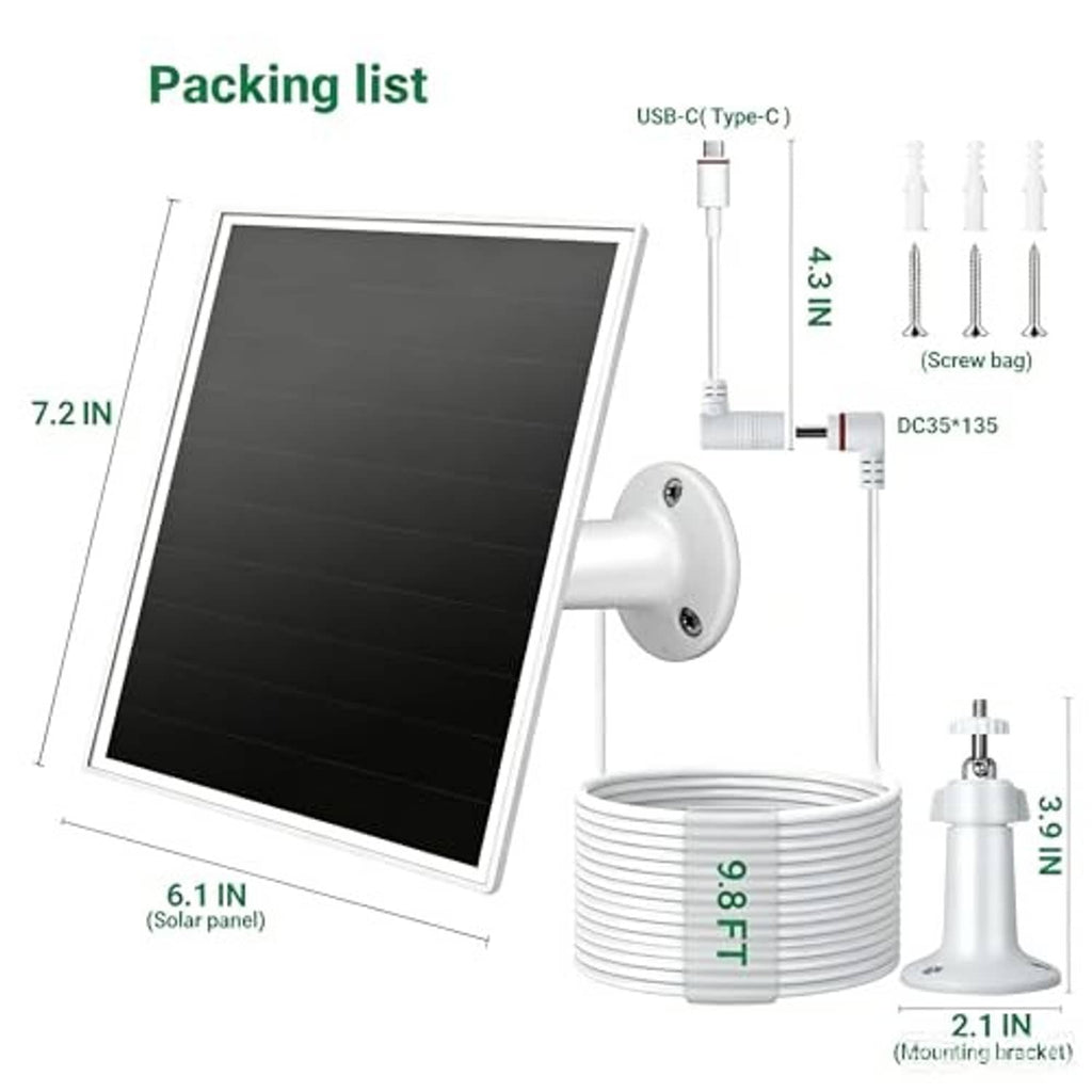 Solar panel charging kit packing list: black panel, USB-C cable, bracket, screws.