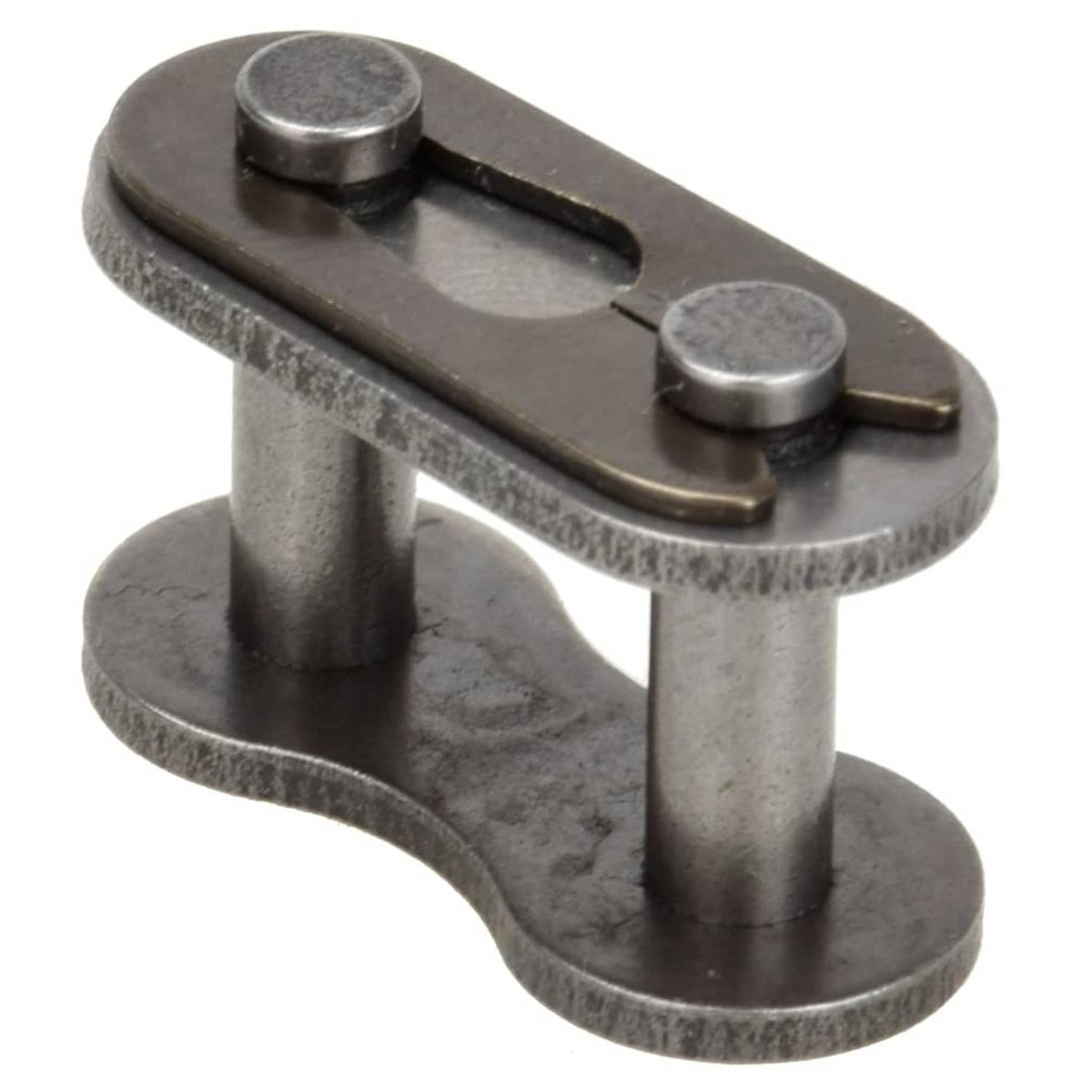 Metal roller chain master link connector, close side angle showing two pin posts