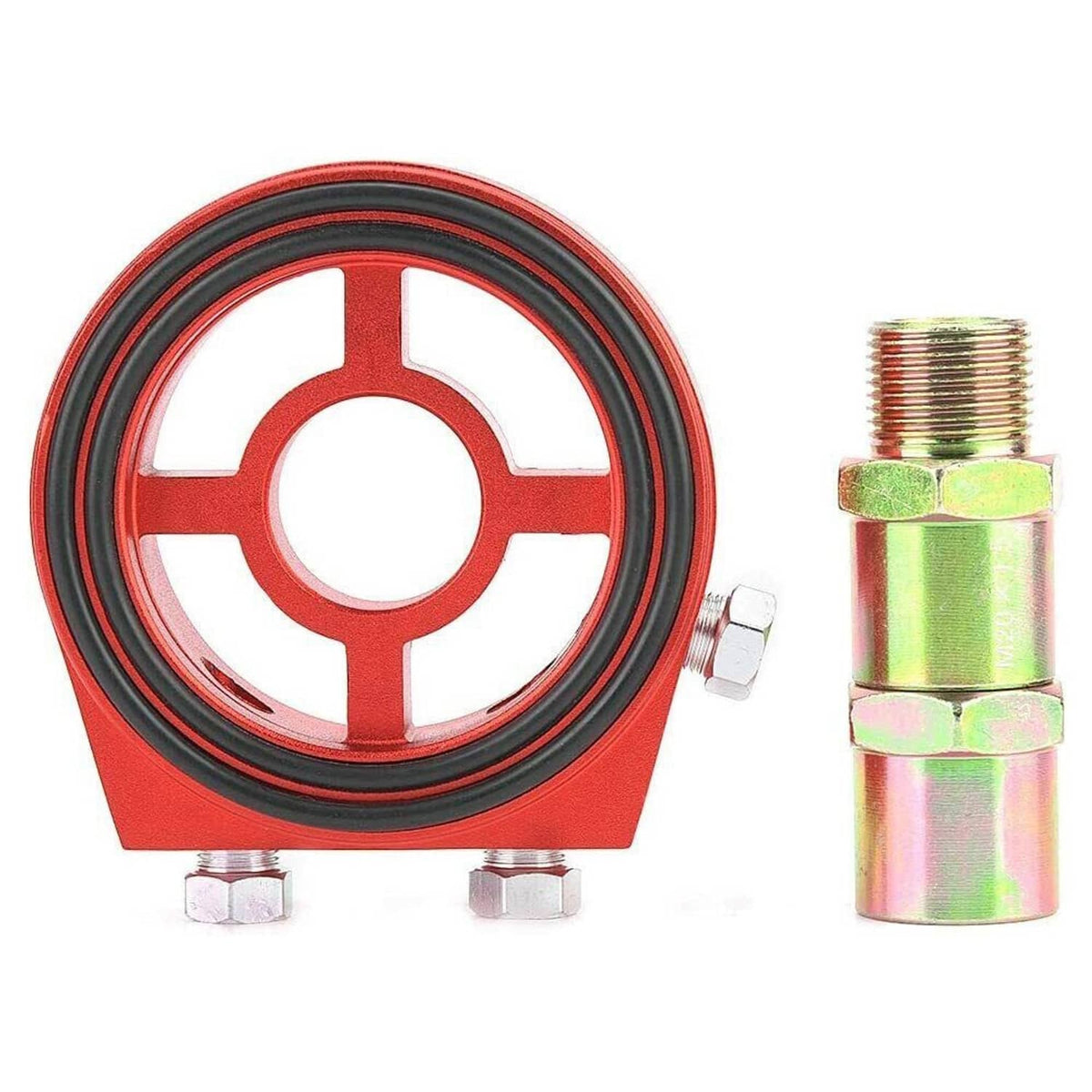 Red aluminum oil filter sandwich adapter plate kit with black O-ring and fittings