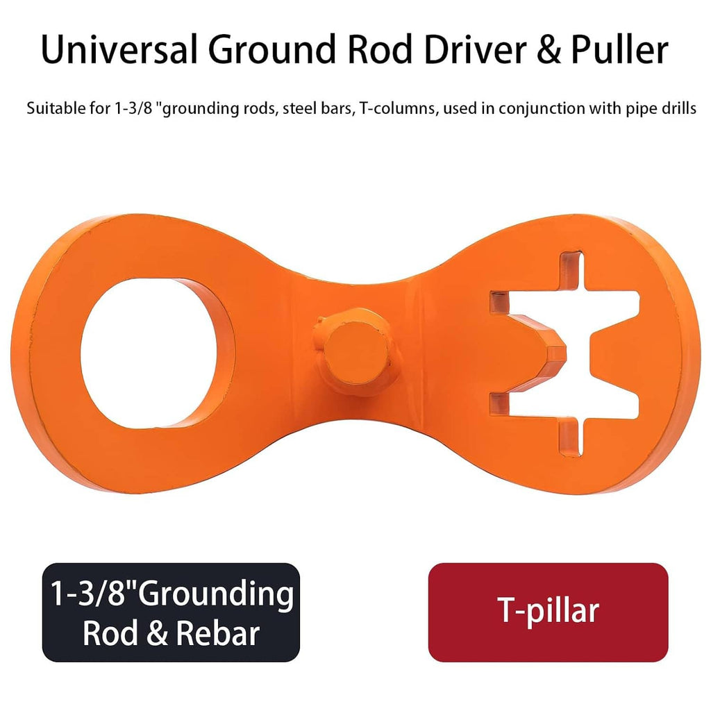 Orange universal ground rod driver and puller, star-shaped head and central steel shaft