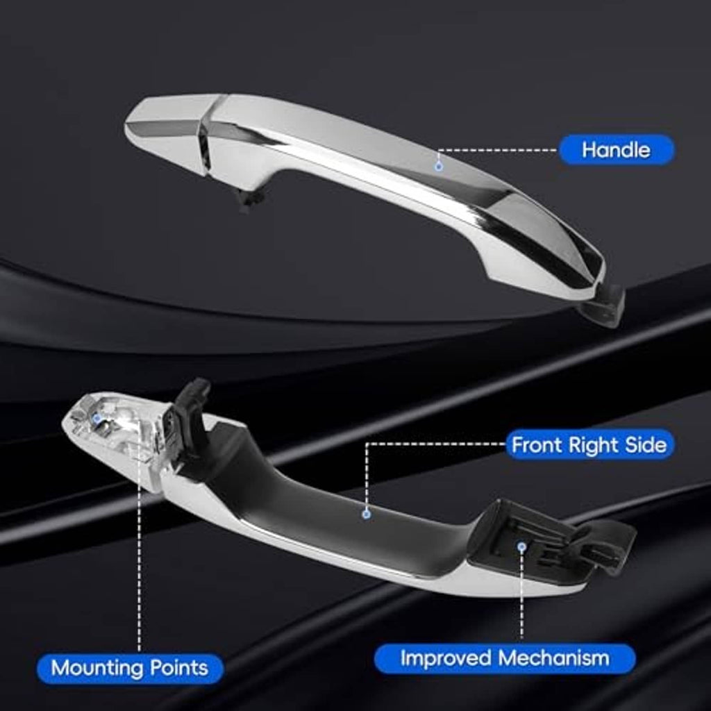 Chrome door handle with underside mounting hardware and connection points