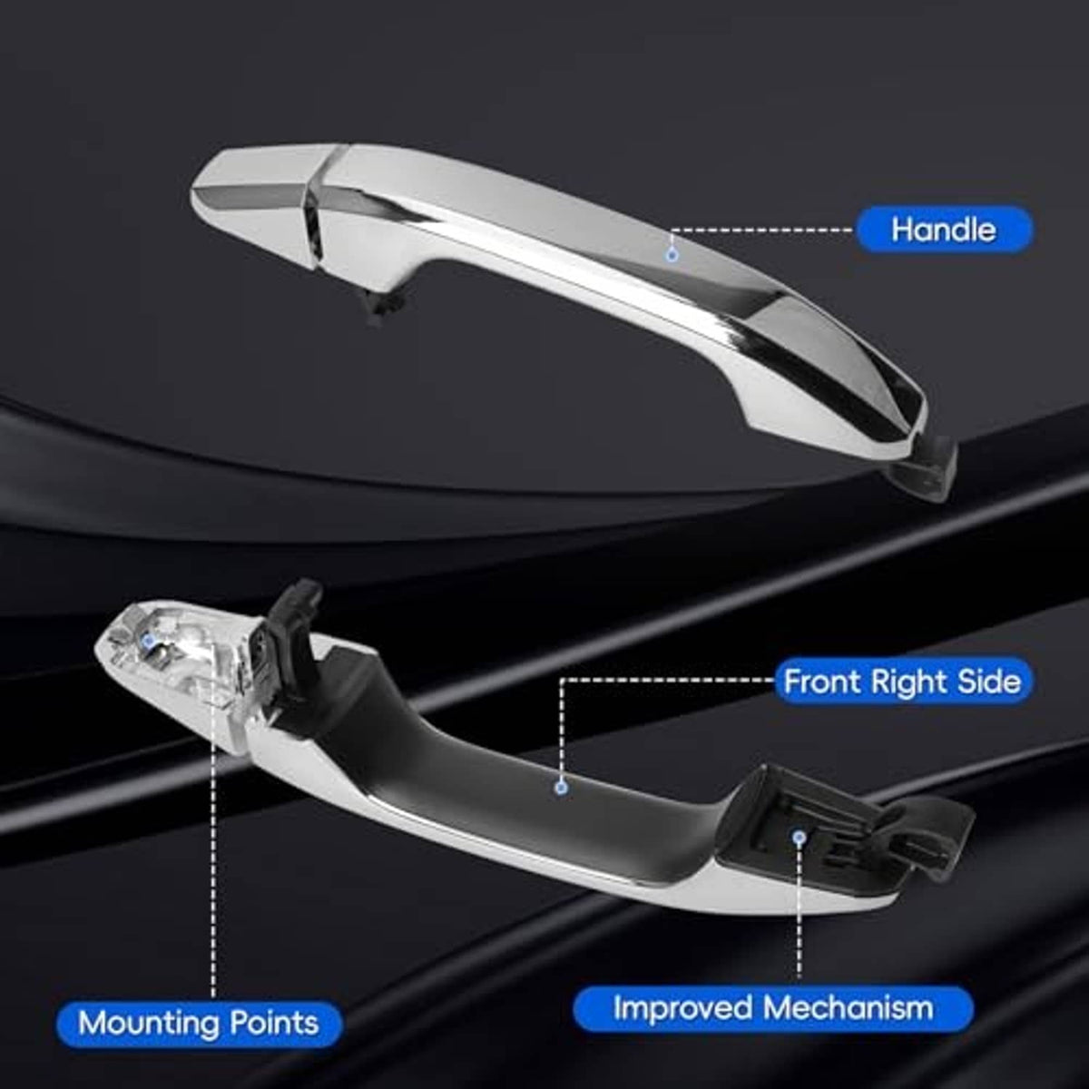 Chrome door handle with underside mounting hardware and connection points