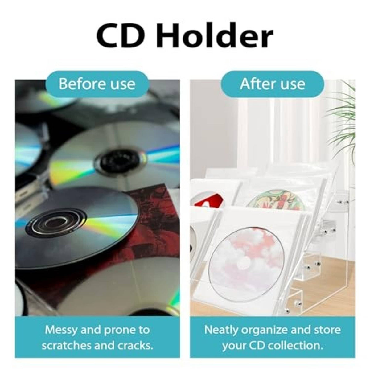 Clear acrylic CD/DVD holder organizing CDs with disc cases in front tiers