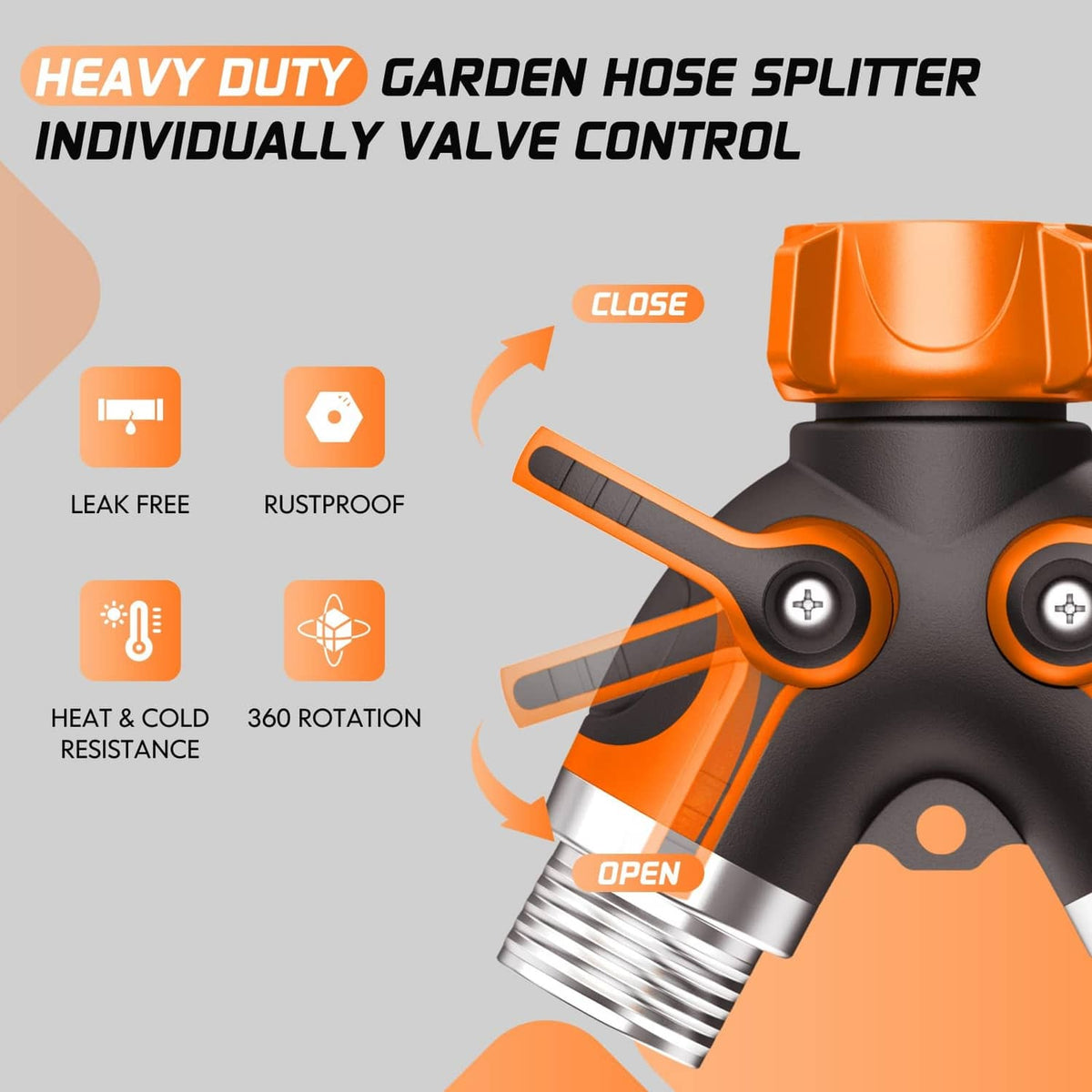 Garden hose splitter valve control, orange/black dual knobs with open/close positions