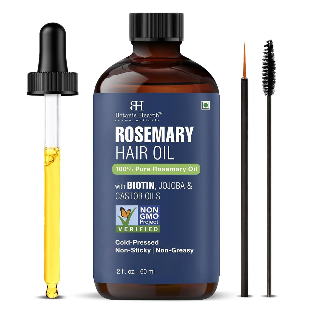 Rosemary hair oil bottle front view with black cap, dropper tube, and brush applicator
