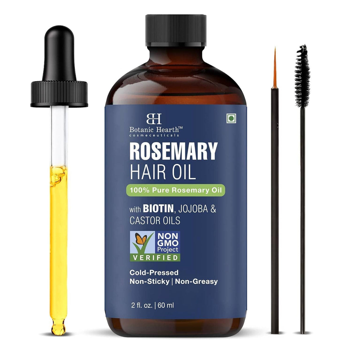 Rosemary hair oil bottle front view with black cap, dropper tube, and brush applicator