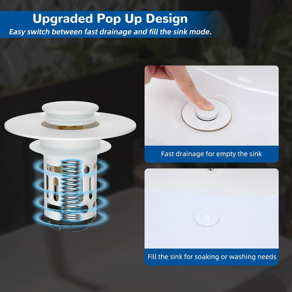 Upgraded pop-up drain stopper with spring mechanism, white top and gold center