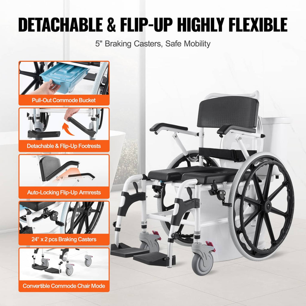 Shower wheelchair with flip-up armrests and detachable footrests, black seat, white frame