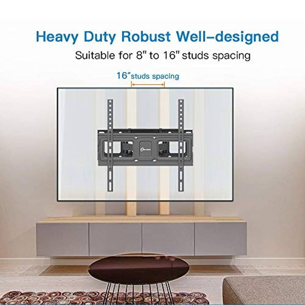 Heavy-duty TV wall mount bracket installed on wall studs with tilting support arms