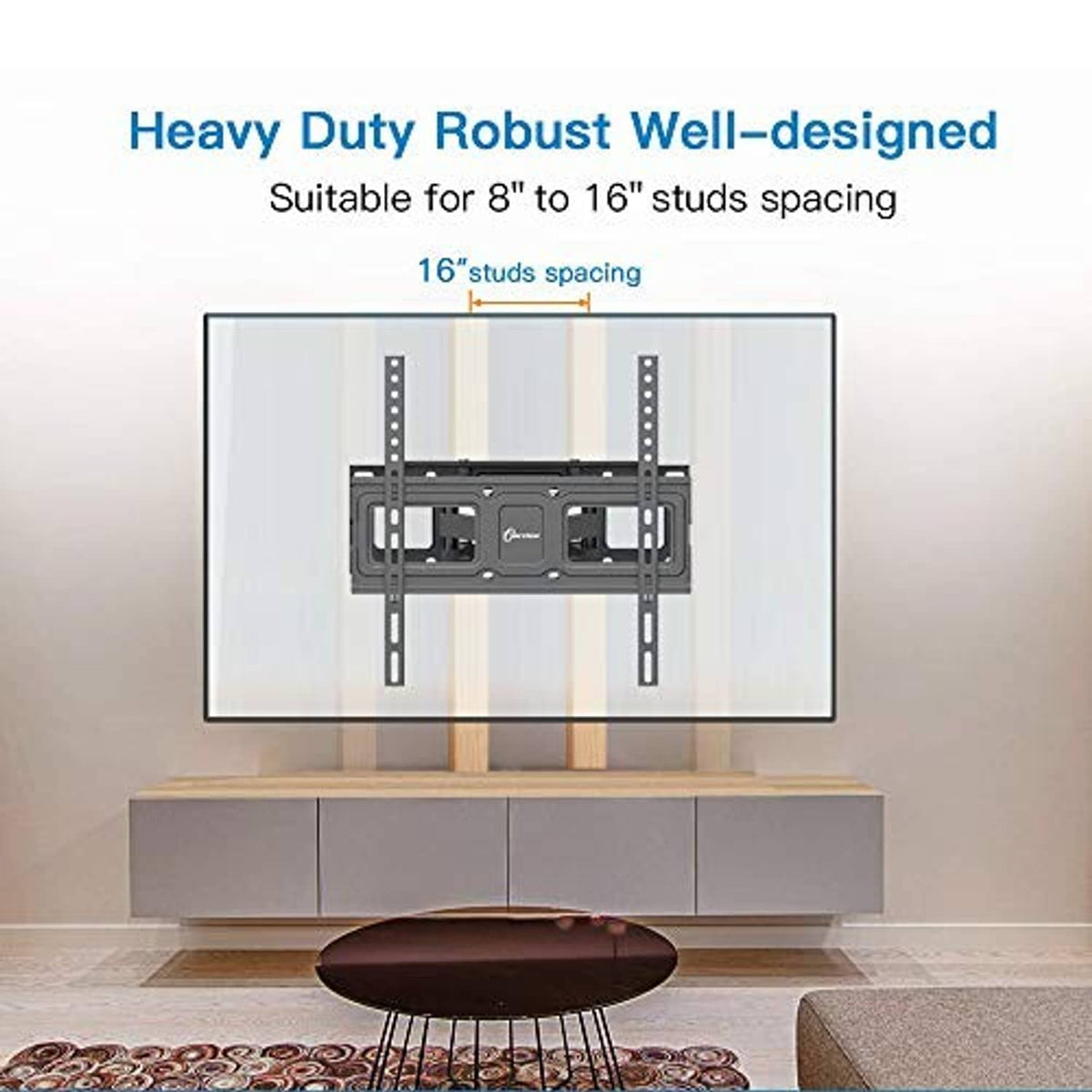 Heavy-duty TV wall mount bracket installed on wall studs with tilting support arms