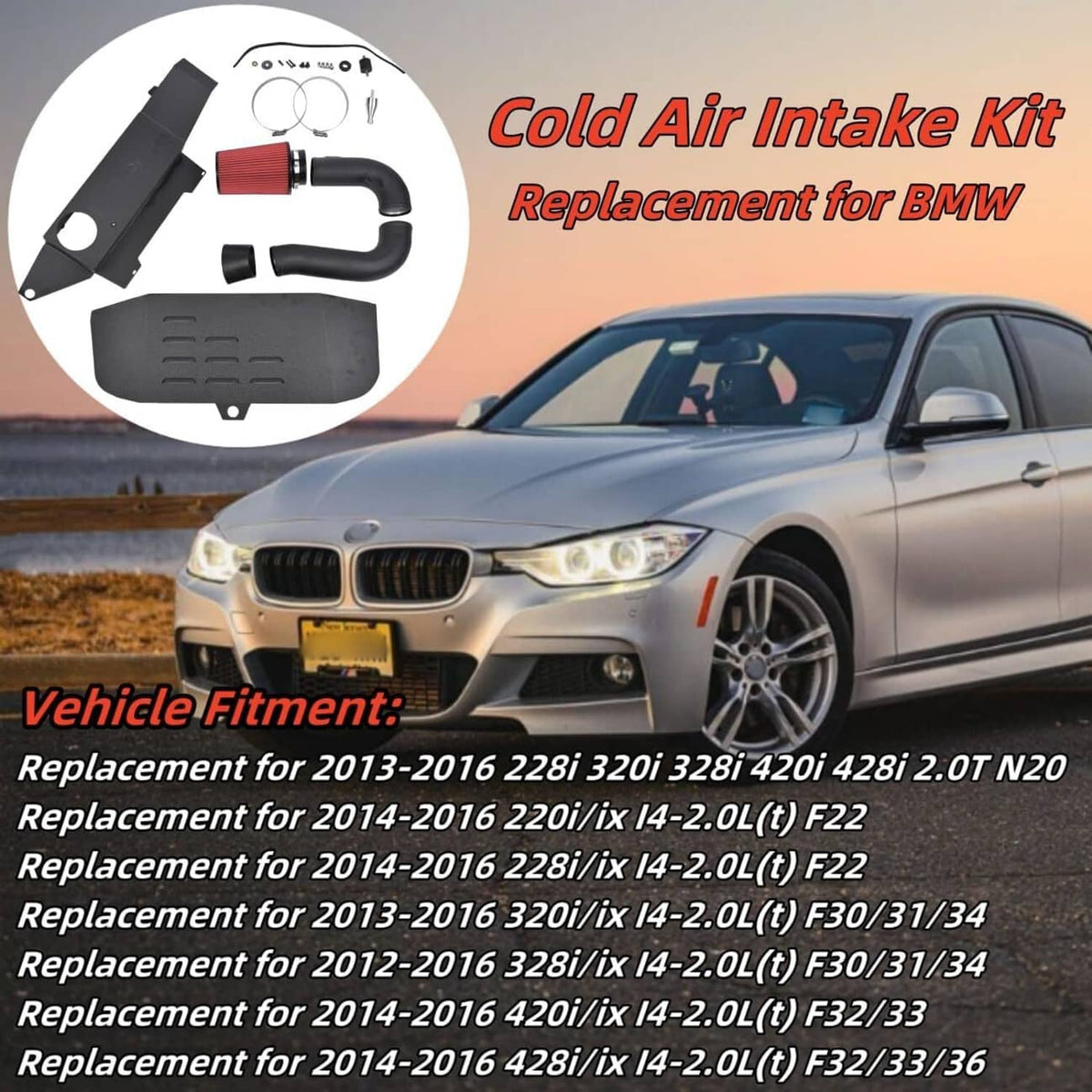 Cold air intake kit replacement parts with black heat shield, hoses, and red filter