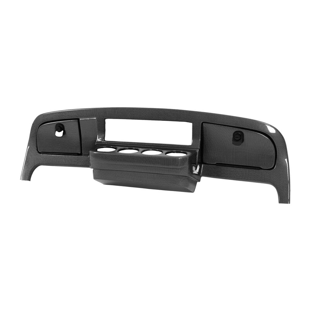 Carbon fiber style dashboard dash cover, dark textured panel with three round openings