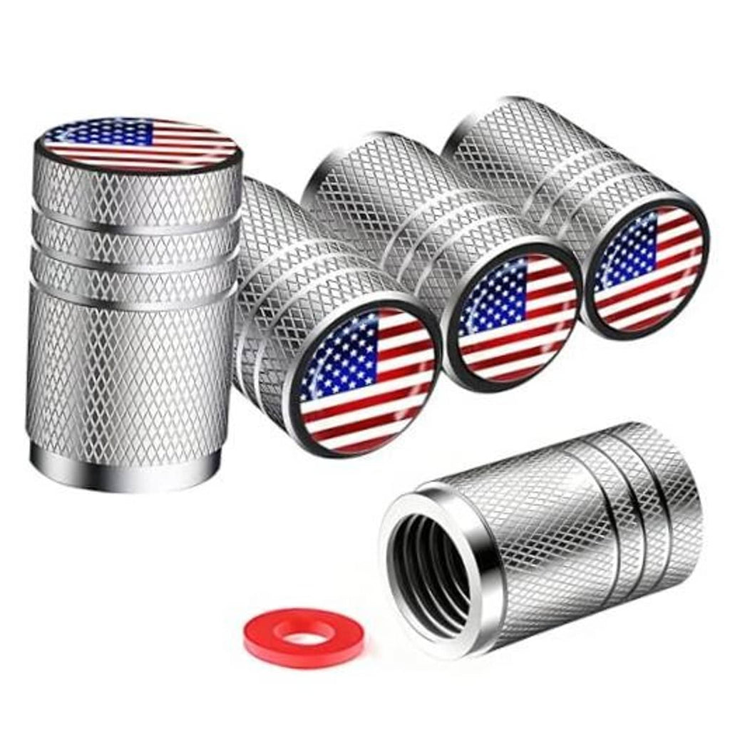 Chrome silver tire valve stem caps set of 5 with American flag tops and red rings