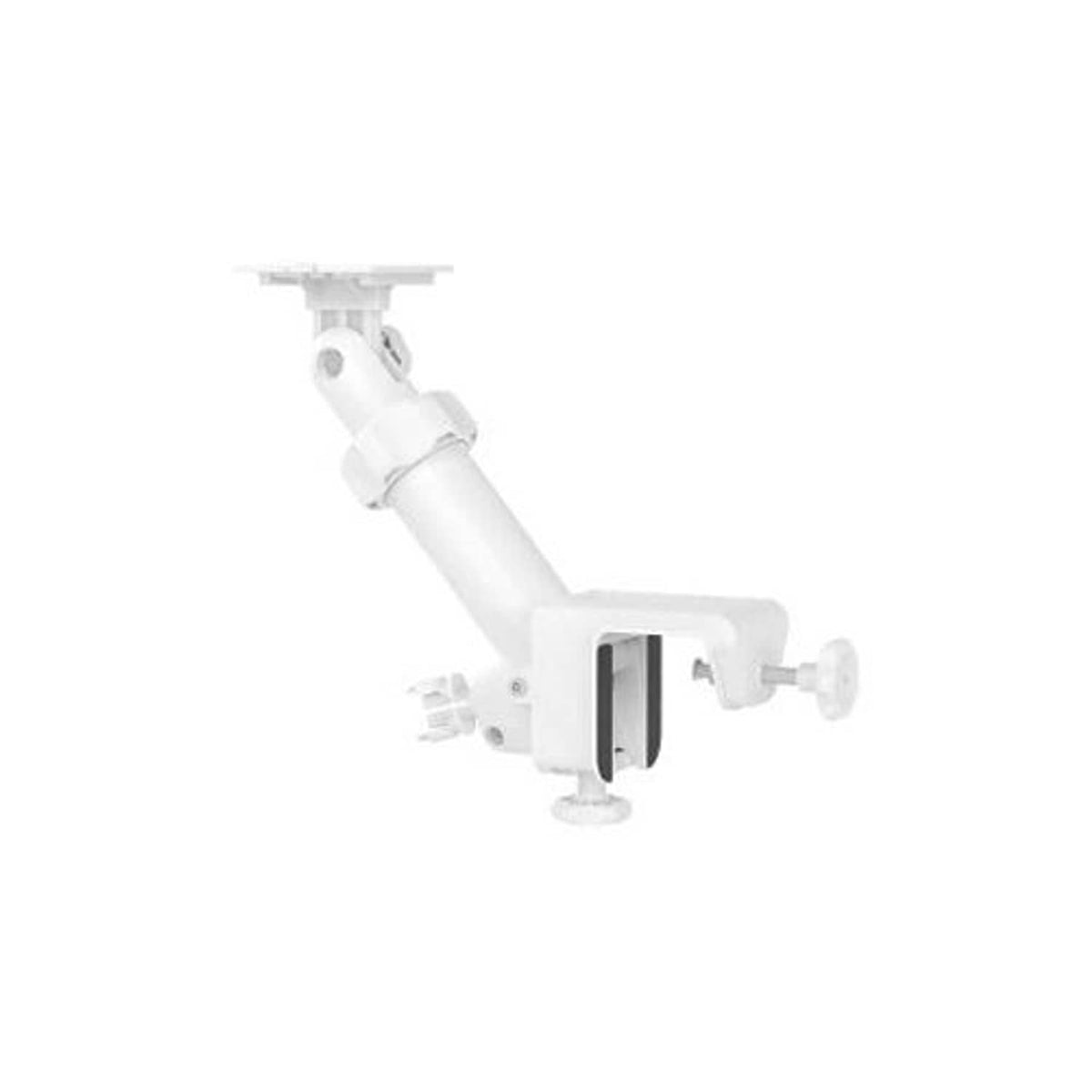 White gutter mount base with side bracket and articulated arm for camera